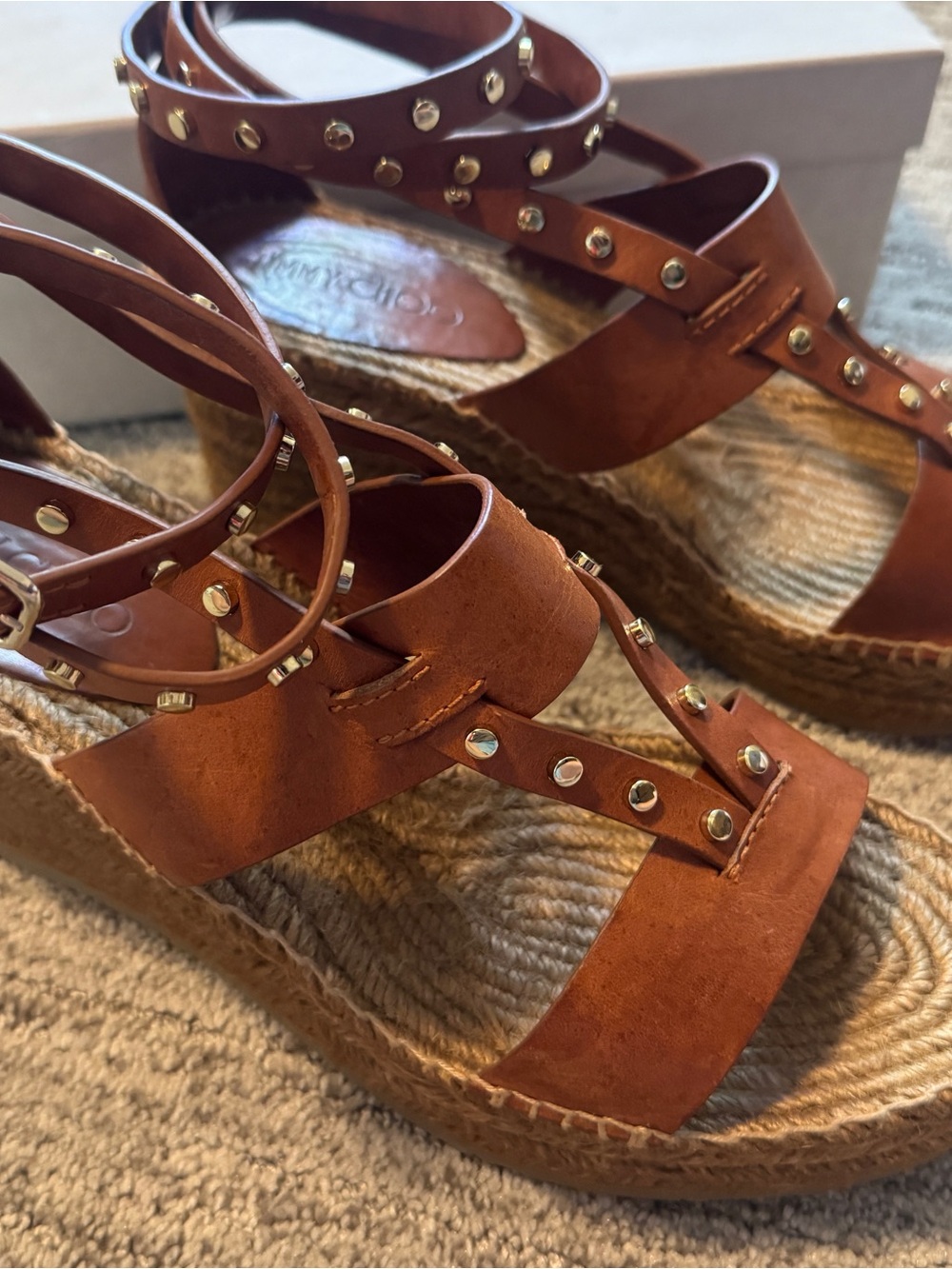 Jimmy Choo Gold Studded Brown Leather Espadrille Wedge Sandals 41 // 9.5 / 10 - Picture 5 of 10